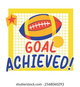 Flat sticker of goal achieved typography with football