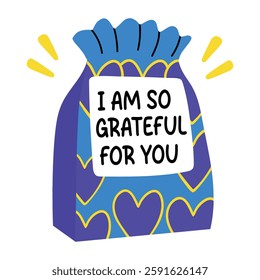 A flat sticker of goodies with grateful typography