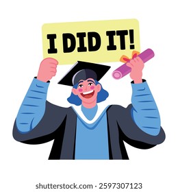 Flat sticker of graduated character with i did it typography 