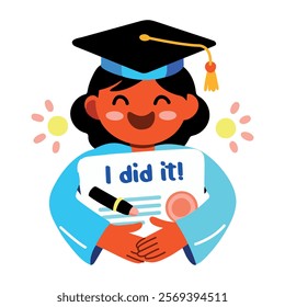 A flat sticker of a graduated student with i did it typography