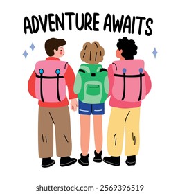 A flat sticker of group of friends with adventure awaits typography 