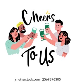 A flat sticker of a group of friends celebrating drinks party 