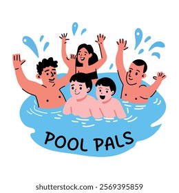 A flat sticker of group of friends playing in water with pool pals typography 