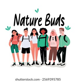 A flat sticker of a group of people standing with nature buds typography 