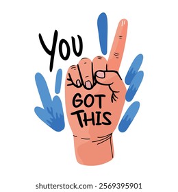 A flat sticker of a hand gesture with you got this motivation text