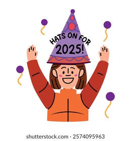 A flat sticker of a happy character wearing celebration hat