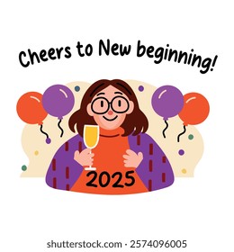 A flat sticker of a having celebration drink with cheers to new beginning typography