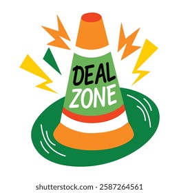 A flat sticker of hazard cone with deal zone text 
