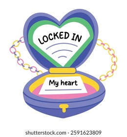 A flat sticker of heart locket with locked in my heart typography