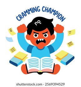 A flat sticker of an intensive student with cramming champion typography 