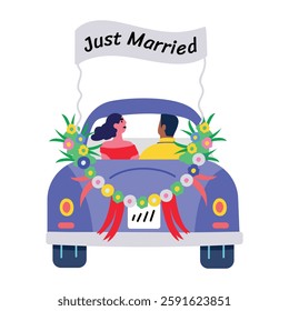 A flat sticker of just married couple sitting in a car