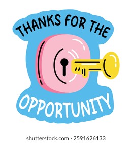 A flat sticker of key with thanks for the opportunity typography