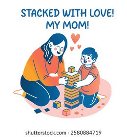 A flat sticker of a kid playing stack game with his mom 
