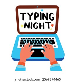 A flat sticker of a laptop with typing night message on its screen 