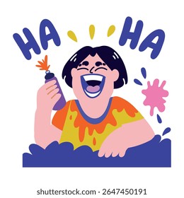 Um adesivo plano de personagem rindo
