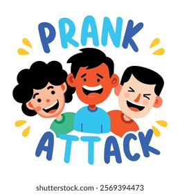 A flat sticker of laughing characters with prank attack typography 