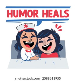 A flat sticker of laughing nurse and patient with humour heals typography 