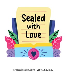 A flat sticker of a letter with sealed with love typography