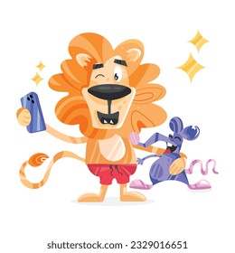 Flat sticker of lion selfie 