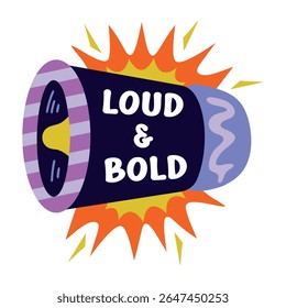 A flat sticker of a loudspeaker with loud and bold typography