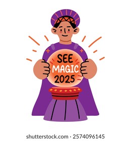 A flat sticker of magician with see magic 2025 typography