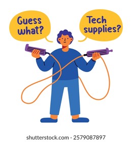 A flat sticker of a man holding some wires with guess what typography 