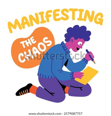 A flat sticker of a man writing on a paper with manifesting typography 