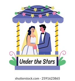 A flat sticker of marriage ceremony of lovely couple with under the stars typography