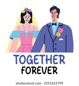 A flat sticker of married couple with together forever typography