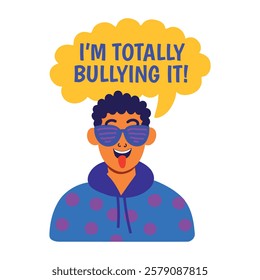 A flat sticker of mocking character with bullying it typography 