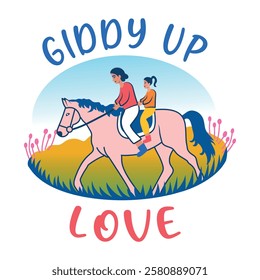 A flat sticker of a mom and child doing horse riding together 
