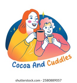 A flat sticker of mom and child drinking coffee together 
