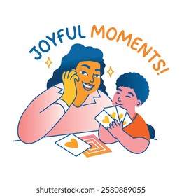 A flat sticker of mom and child playing cards together with joyful moments typography 
