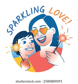 A flat sticker of mom and child with sparkling love typography 
