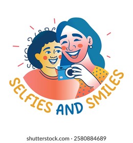 A flat sticker of mom and child taking selfies together 

