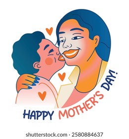 A flat sticker of mom kiss with happy mothers day typography 

