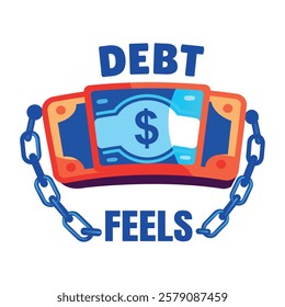 A flat sticker of a money bill chained with the text debt feels 