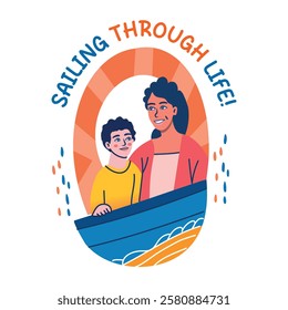 A flat sticker of mother and child experiencing a sailing adventure together 
