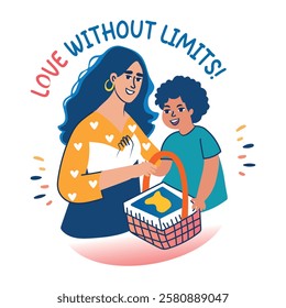 A flat sticker of mother and child with love without limits typography 
