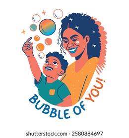 A flat sticker of motherhood with bubble of you typography 

