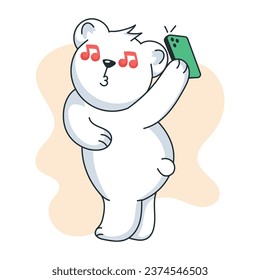 Flat sticker of a music lover bear selfie 