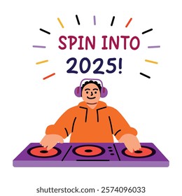 A flat sticker of a music mixer with spin into 2025 typography