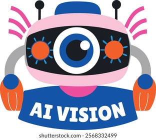 A flat sticker of n robot eye with ai vision typography