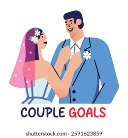 A flat sticker of newly married characters depicting couple goals