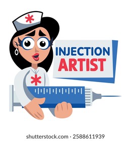 A flat sticker of a nurse with injection artist typography 