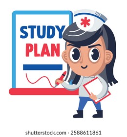 A flat sticker of a nurse student with study plant typography 