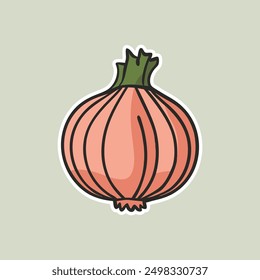 Flat Sticker Of Onion. Onion Food vegetable flat icon concept isolated on Gray background.