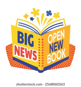 A flat sticker of an open book with big news typography