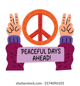 A flat sticker of peace sign with peaceful days ahead typography