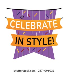 A flat sticker of a pennant with celebrate in style typography